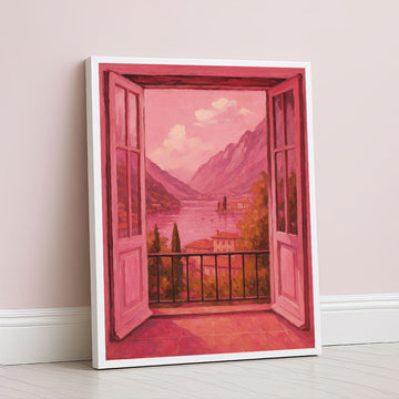 Romantic Pink Lake View Through Window Canvas Wall Art