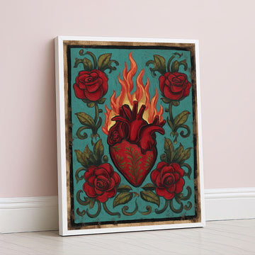 Vibrant Flaming Heart With Roses Canvas Wall Art