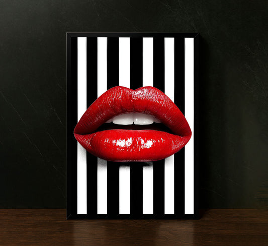 Bold Red Lips On Black And White Stripes Canvas Wall Art