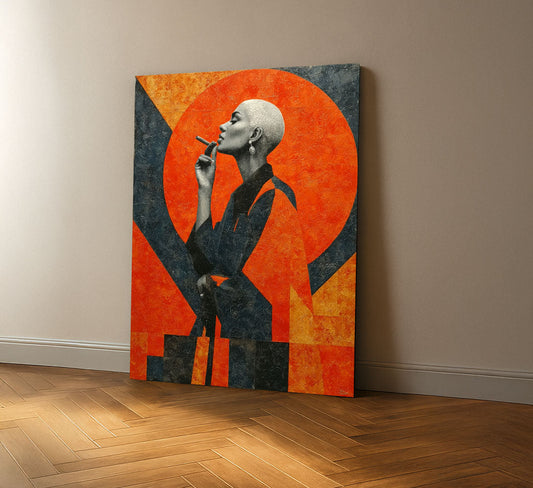 Bold Bald Woman Smoking In Orange Canvas Wall Art