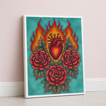 Vibrant Flaming Heart With Red Roses Canvas Wall Art