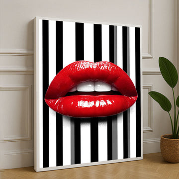 Bold Red Lips On Striped Background Canvas Wall Art