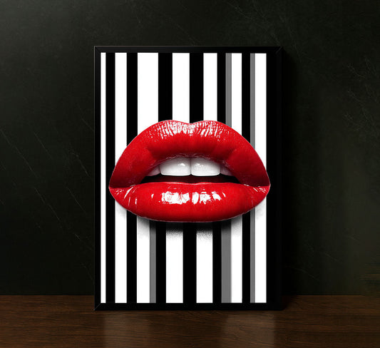 Bold Red Lips On Striped Background Canvas Wall Art