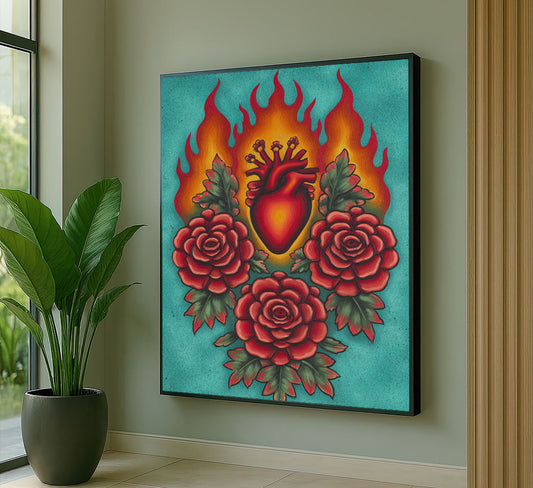 Vibrant Flaming Heart With Red Roses Canvas Wall Art