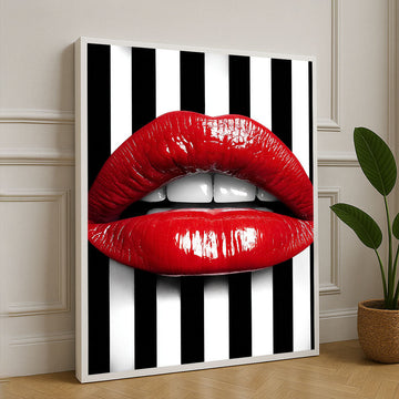 Bold Red Lips On Striped Background Canvas Wall Art