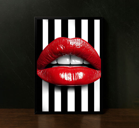Bold Red Lips On Striped Background Canvas Wall Art