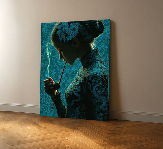 Captivating Woman With Ornate Pipe Silhouette Canvas Wall Art