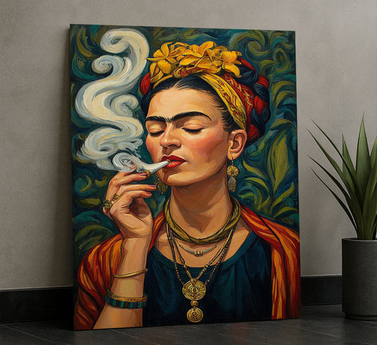 Vibrant Woman With Yellow Flowers Smoking Canvas Wall Art