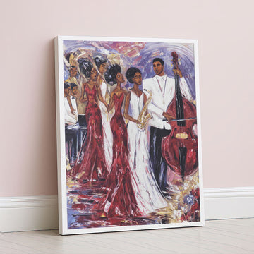 Vibrant Jazz Musicians In Red Dresses Canvas Wall Art