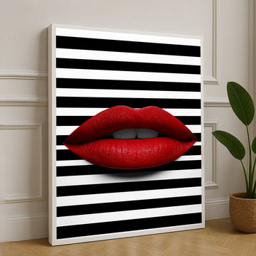 Bold Red Lips On Black And White Stripes Canvas Wall Art