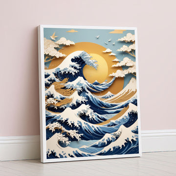 Majestic Ocean Wave With Golden Sun Canvas Wall Art