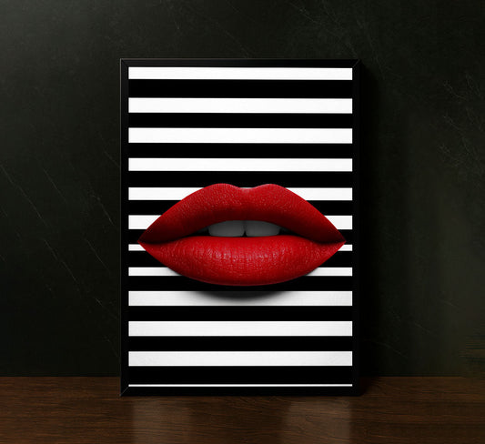 Bold Red Lips On Black And White Stripes Canvas Wall Art