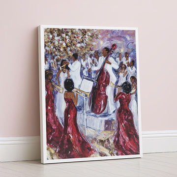 Vibrant Orchestra With Musicians In Red Dresses Canvas Wall Art