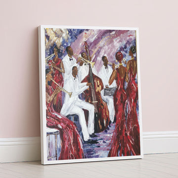 Vibrant Jazz Musicians In Red And White Canvas Wall Art