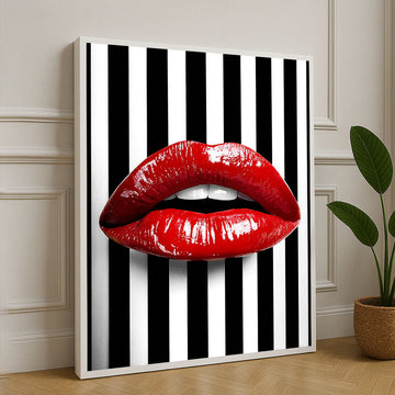 Glossy Red Lips On Striped Background Canvas Wall Art