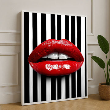 Bold Red Lips On Black And White Stripes Canvas Wall Art