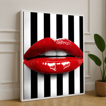 Bold Red Lips On Black And White Stripes Canvas Wall Art