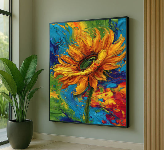 Vibrant Yellow Sunflower With Colorful Swirls Canvas Wall Art