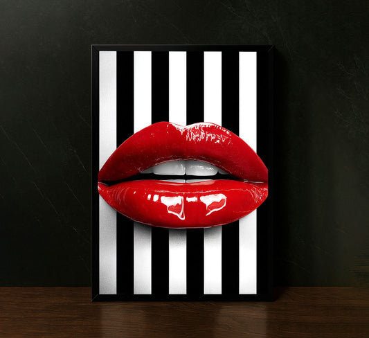 Bold Red Lips On Black And White Stripes Canvas Wall Art