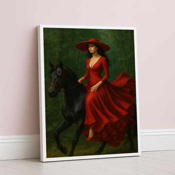 Elegant Woman In Red Dress On Horse Canvas Wall Art