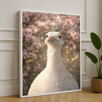 Elegant White Peacock Amidst Blossoms Canvas Wall Art