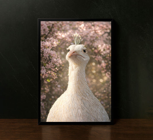 Elegant White Peacock Amidst Blossoms Canvas Wall Art
