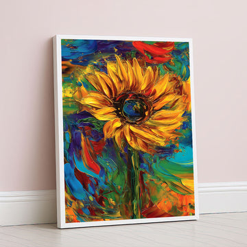 Vibrant Yellow Sunflower With Colorful Swirls Canvas Wall Art