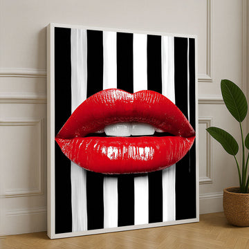 Bold Red Lips On Black And White Stripes Canvas Wall Art