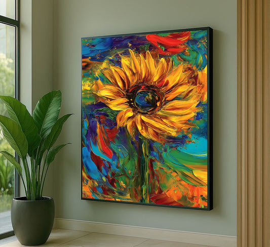 Vibrant Yellow Sunflower With Colorful Swirls Canvas Wall Art
