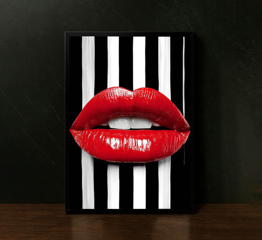 Bold Red Lips On Black And White Stripes Canvas Wall Art