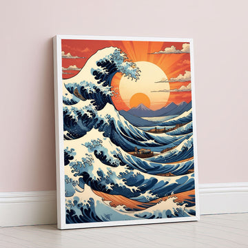 Japanese Wave Sunrise Inspired Landscape Canvas Wall Art