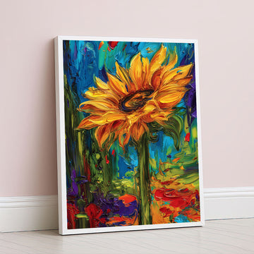 Vibrant Yellow Sunflower On Blue Background Canvas Wall Art