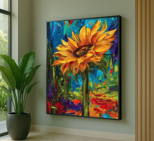 Vibrant Yellow Sunflower On Blue Background Canvas Wall Art