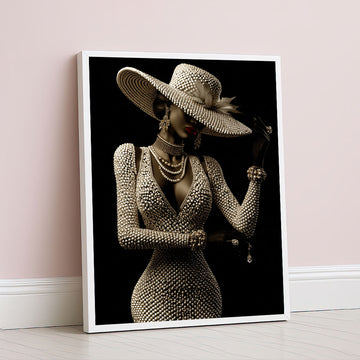 Elegant Pearl-adorned Woman In Wide-brimmed Hat Canvas Wall Art