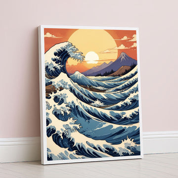 Japanese Wave And Sunset Scenic Canvas Wall Art Masterpiece