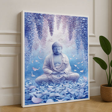 Serene Buddha In Tranquil Blue Floral Canvas Wall Art