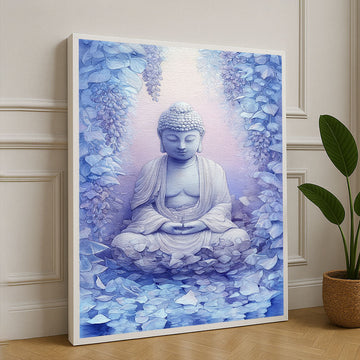 Serene Buddha With Blue Blossoms Canvas Wall Art