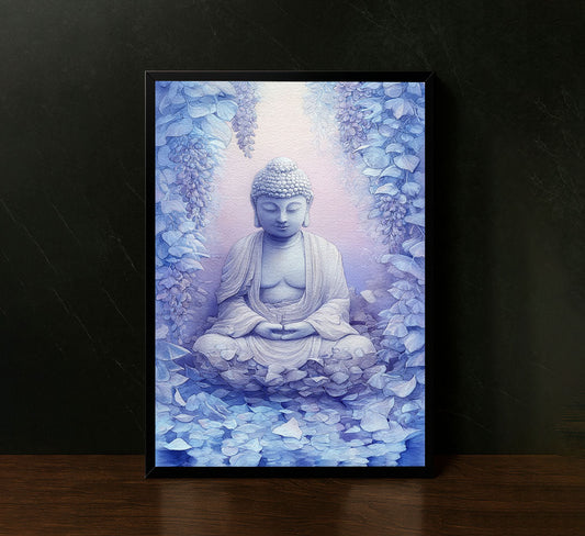 Serene Buddha With Blue Blossoms Canvas Wall Art