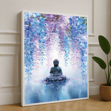 Tranquil Buddha Under Blossoming Wisteria Canvas Wall Art