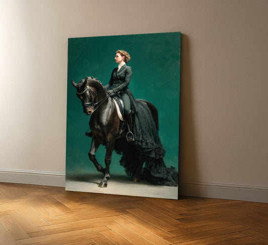 Majestic Woman Riding Black Horse Canvas Wall Art