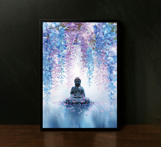Tranquil Buddha Under Blossoming Wisteria Canvas Wall Art