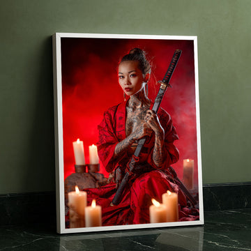 Enchanting Tattooed Samurai Woman In Red Canvas Wall Art