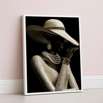 Elegant Pearl Adorned Woman In Hat Canvas Wall Art