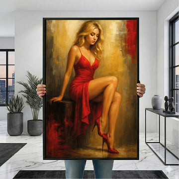 Elegant Woman In Red Dress Sitting Pose Canvas Wall Art
