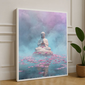 Tranquil Buddha Amidst Pink Lotus Mist Canvas Wall Art