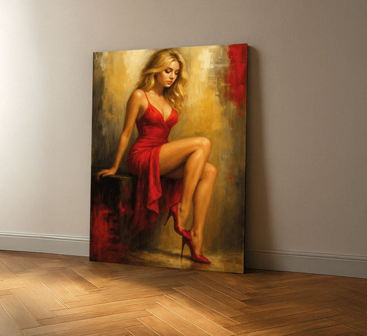 Elegant Woman In Red Dress Sitting Pose Canvas Wall Art