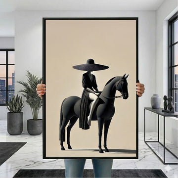 Elegant Woman In Black Riding Horse Canvas Wall Art