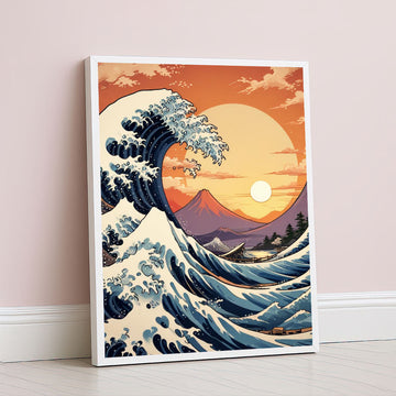Japanese Wave And Sunset Inspired Canvas Wall Art