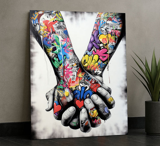 Dynamic Graffiti Hands With Heart Symbols Canvas Wall Art