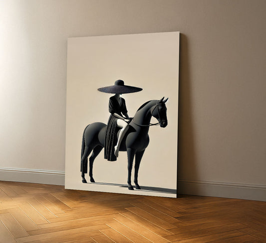 Elegant Woman In Black Riding Horse Canvas Wall Art